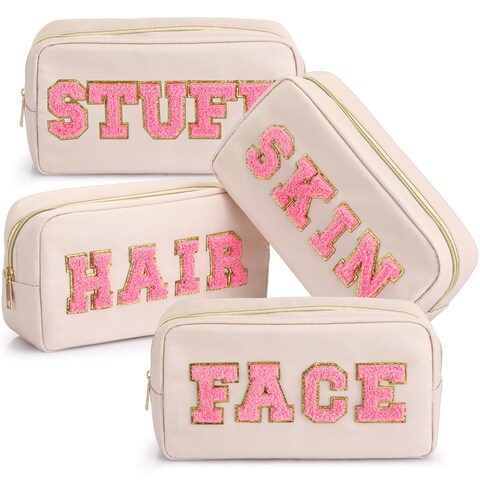 Remerry 4 Pcs Nylon Cosmetic Bag Travel Organizer Chenille Letter Makeup Pouch Zipper Preppy Waterproof Hair Bag Toiletry Pouch for Women Christmas Gift(Gentle White)