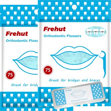 Frehut 150 Count Orthodontic Flossers for Braces - Ortho Dental Floss Picks, 75 Count (Pack of 2), with a Travel Case