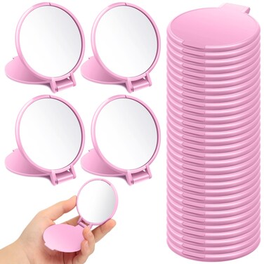 Saysurey 24 Pieces Mini Compact Mirror Bulk Round Portable Makeup Mirror Folding Pocket Mirror Travel Mirror for Homeless, 2.8 x 2.4 Inch(Pink)