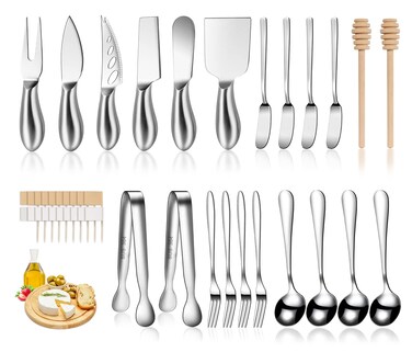 Silver Cheese Knife Set For Charcuterie Board Accessories, Stainless Steel Cheese Slicer And Butter Spreader knives Kit With Serving Tongs, Spoons, Forks, Flags Cheese Markers, Honey Dipper (23 Pack)
