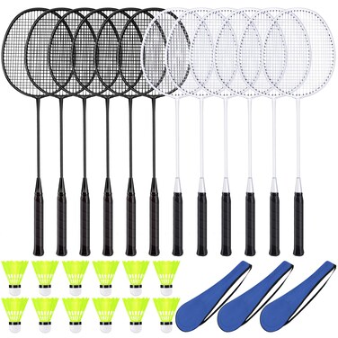 Chitidr 12 Pack Badminton Rackets Set Including Rackets, Nylon Shuttlecocks and Carry Bag for Outdoor Backyard Games Beginners (White, Black)