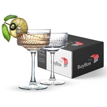 The Buybox Vintage Coupe Glasses Set of 2, Champagne, Cocktail, Martini, Wine Glasses, Long Stem Glassware, (8.8oz/260ml) (2 Pack)