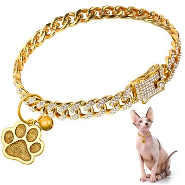 Hillban Cat Collar Diamond Chain Glitter Collar Walking Metal with Secure Buckle Cat Pet Necklace with Paw Charm Link Cuban Jewelry Accessories with ID Tag Bell(12 Inch,Gold)