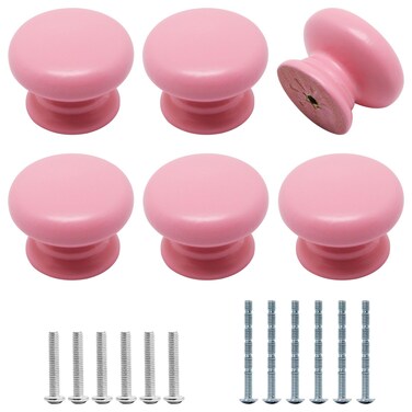 YuGtcen Wooden Cabinet Knobs 6 Pack, Pink Drawer Knobs Wood Dresser Knobs Kitchen Cabinet Knobs Modern Round Knobs for Furniture Cupboard Dresser Drawer Closet Door (6, Pink)