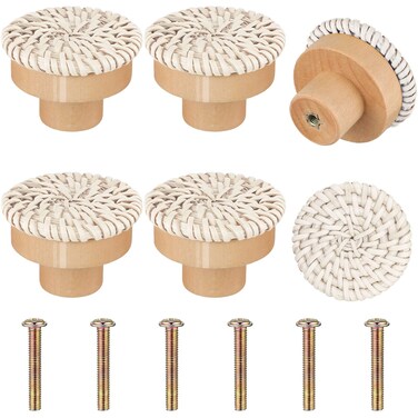 Boho Rattan Dresser Knobs Round Wooden Drawer Knobs Handmade Wicker Woven and Screws for Boho Furniture Knobs Cabinets Dresser Handles Hardware Pulls Cabinet Knobs (Beige,6 Knobs and 6 Screws)