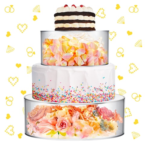 Sunnyray 2 Pcs Acrylic Cake Stands for Dessert Table Clear Fillable Cake Riser Cupcake Cake Tier with LED Strings for Birthday Wedding Holiday Party Display(8&#39;&#39;, 10&#39;&#39;)