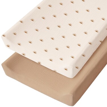 Konssy Muslin Changing Pad Cover for Baby Girls Boys, 100% Cotton Fitted Diaper Chang Table Covers, Soft Breathable Changing Pad Sheets, 2 Pack (Camel,Sun)