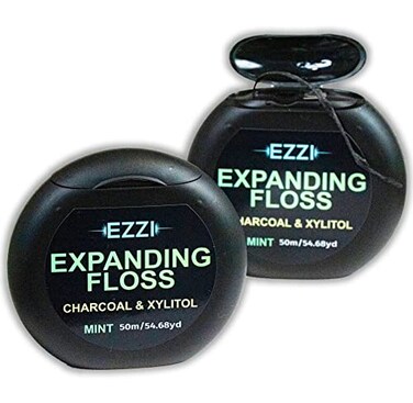 EZZI Woven Expanding Dental Floss   Fluffy &amp; Textured w/Charcoal &amp; Xylitol to Optimally Clean Gums   Mint   Thick &amp; 109 Yards