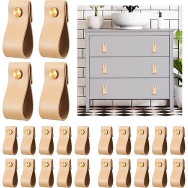 BBTO 24 Pieces PVC Leather Drawer Pulls Handmade PVC Leather Cabinet Pulls Cabinet Furniture Knobs Pull Handle Wardrobe Door Handle Pulls Knob for Dresser Drawers Cabinet (Light Brown)
