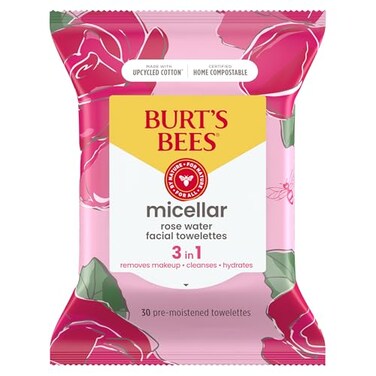 Burt's Bees Rose Water Face Wipes, for All Skin Types, Hydrating Micellar Makeup Remover &amp; Facial Cleansing Towelettes, 30 Ct (3-Pack)