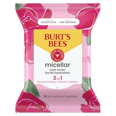 Burt&#39;s Bees Rose Water Face Wipes, for All Skin Types, Hydrating Micellar Makeup Remover &amp; Facial Cleansing Towelettes, 30 Ct (3-Pack)