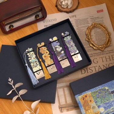 4 Pcs Metal Bookmarks with Tassel, Sliver Hollow Bookmark Van Gogh Oil Painting Theme Bookmarks Art Bookmarks for Book Lovers Writers Readers Children Teens Men Women Adults (Van Gogh Gift Box)