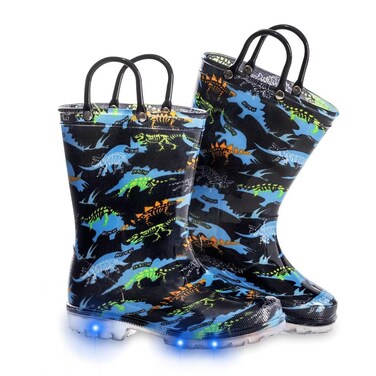 FUNCOO PLUS Toddler Kids Rain Boots Boys Girls Light Up Waterproof Boot with Handles, Big Kid Size 3, Dinosaur