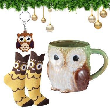 Newtay 3 Pcs Owl Lovers Gift Set for Women Include Owl Ceramic Mug Keychain Socks for Valentine Party Favor