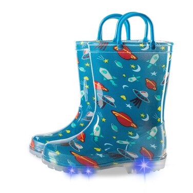 Kids Toddler Rain Boots for Boys Light Up Waterproof Rain Shoes with Easy On Handles, Outer Space Size 1