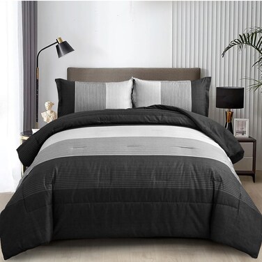WONGS BEDDING Black Comforter Twin, Black Grey Striped Patchwork Down Alternative Comforter Set for Twin Bed, 2 Pieces(1 Comforter+1 Pillowcase), Soft Microfiber Bedding Duvet Insert 68"&times;86