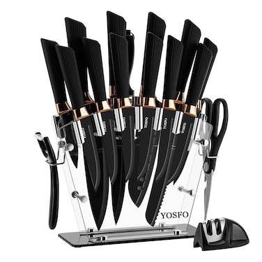Knives Set with Acrylic Stand, 17Pcs Stainless Steel Knife Block Set includes Serrated Steak Knives Set, Chef Santoku Knives, Scissor, Sharpener and Knife Holder (Black Knife Set with Block)
