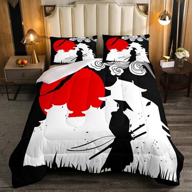 Erosebridal Samurai Comforter Set Full Size, Sunset Print Down Comforter, Japan Quilted Duvet, Building Silhouette Breathable Quilt Set, Japanese Ukiyoe Bedding Set, Ultra Lightweight