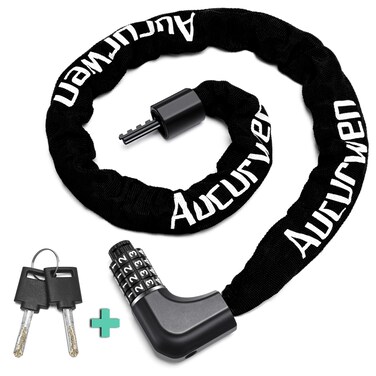 Aucurwen Bike Chain Lock, 3.2FT/4FT Combination &amp; Keys 4-Digit Anti Theft Heavy Duty Bike Lock, Security Resettable Bicycle Lock for Bike, Bicycle, Electric Bike (Black, 3.2FT Long, 6mm Thick)