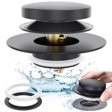 Matte Black Universal Tip Toe Tub Stopper Replacement, Pop Up Bathtub Drain Stoppers, Bathroom Bath Tub Drains Plug, Replaces Lift and Turn, Tip-Toe and Trip Lever drains for Tub, Easy Install