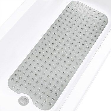 Linoows Bathtub and Shower Mats, Extra Long Non-Slip Bath Tub Mat 39 x 16 Inch, Machine Washable Bathmat with Suction Cups &amp; Drain Holes for Bathroom Floor, Clear Grey