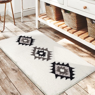 DEXDE Boho Bathroom Rugs Black White Bath Mat Non Slip Moroccan Geometric Bath Rug Luxury Soft Absorbent Carpet for Bathroom Shower Kitchen Entryway Farmhouse Decor 20x32