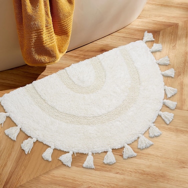 Half Circle Boho Bathroom Rugs with Tassels 100% Cotton Hand-Woven Bath Mat Non Slip Absorbent Bath Rugs with Rug Pad Washable Boho Bath Mat Carpet for Tub, Shower 20"x32",White
