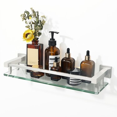 Alise Glass Bathroom Shelf, Brushed Nickel Tempered Glass Shelves for Bathroom, Stainless Steel Modern Bathroom Floating Shelves Wall Mounted, 16 inch
