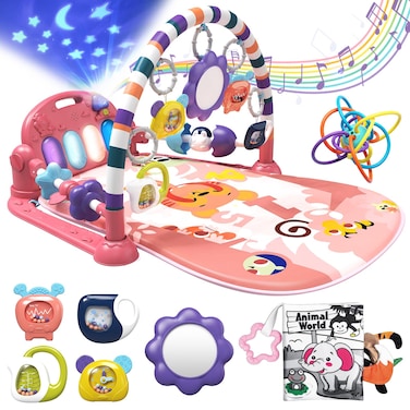 ESOLOM Tummy Time Play Mat, Baby Play Mat for Baby Girl Gifts, Kick and Play Piano Gym with 7 Infant Sensory Baby Toys 0-6 Months, Baby Activity Center Newborn Toys for Baby 0-3-6-9-12 Months