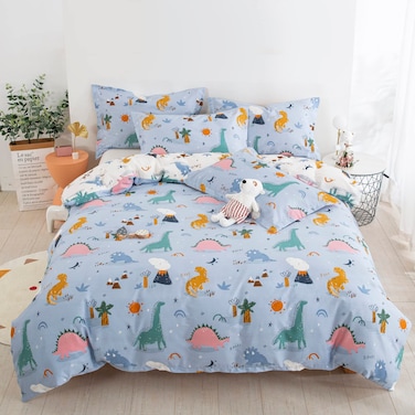 Dinosaur Duvet Cover Set Queen, 100% Cotton Blue White Reversible Kids Bedding Set for Boys Girls, 3 Pieces Ultra Soft Breathable Comforter Cover Set (1 Duvet Cover+2 Pillowcases)