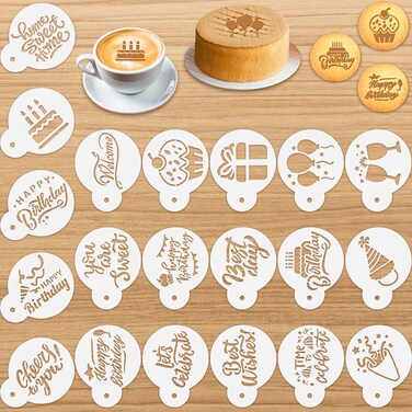 20 Pieces Birthday Cookie Stencil Templates Decoration Cookie Stencil for Birthday Coffee Cake Stencil Templates Reusable Stencil Painting Mold Tools, Dessert, Coffee Decorating Mold(Cake Style)