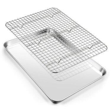Baking Sheet Pan with Cooling Rack Set, Joyfair Stainless Steel Toaster Oven Tray Pans with Grid Racks, Rectangular Bakeware for Cookie/Bacon, Heavy Duty &amp; Rust-free, Dishwasher Safe (16 Inch)