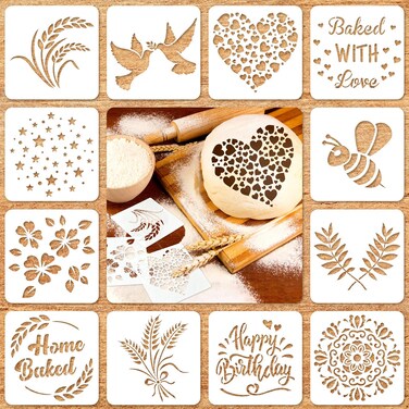 Patelai 12 Pcs Stencil for Bread Artisan Bread Stencils Baking Stencil Set Cook Stencil Baking Template Bread, Cake, Pie, or Cookie Stencil Template Mold for Decorating, 12 Style (5.9 x 5.9 Inch)