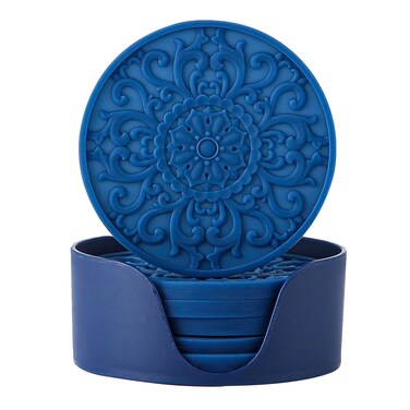 Colinda Silicone Coasters for Drink, 6 Pack Coasters with Holder, Cup Mat Set for Hot and Cold Drink and for Table Top Protection,Bar Coasters,3 Patterns for Home Office Decor,Navy Blue