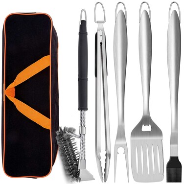Leonyo Grill Tools Set of 6, 18-inch Extra-long BBQ Tool Set, Heavy-duty Barbecue Grilling Accessories, Stainless Steel Spatula, Fork, Tong, Basting Brush, Cleaning Brush &amp; Carrying Bag - Black Handle