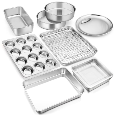 E-far 10-Piece Baking Pans set, Stainless Steel Bakeware Set for Oven, Include Cake Pan/Baking Cookie Sheet/Pizza/Muffin/Loaf Pan, Non-Toxic &amp; Heavy Duty, Dishwasher Safe