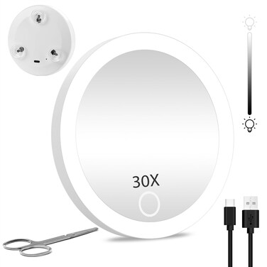 30X Magnifying Mirror with Lights, Makeup Magnifying Mirror with Lights &amp; Suction Cups, 30x Travel Makeup Mirror with Magnification Lighted 30x Magnification 4inch Compact Magnifying Mirror for Makeup