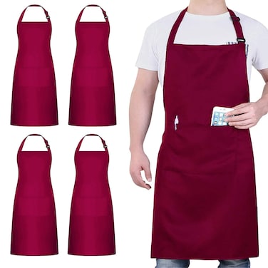 4 Packs Chef Apron, Waterproof Apron, Adjustable Apron with 2 Pockets for Men Women, Professional Apron for Kitchen Cooking Gardening Painting Baking Restaurant (Wine)