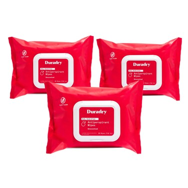 Duradry Antiperspirant Body Wipes for Men &amp; Women - Anti-Sweat Wipes for Hands and Feet, Neutralizes Odor and Excessive Sweating, Quick-Drying and Travel-Friendly - Unscented, Pack of 3