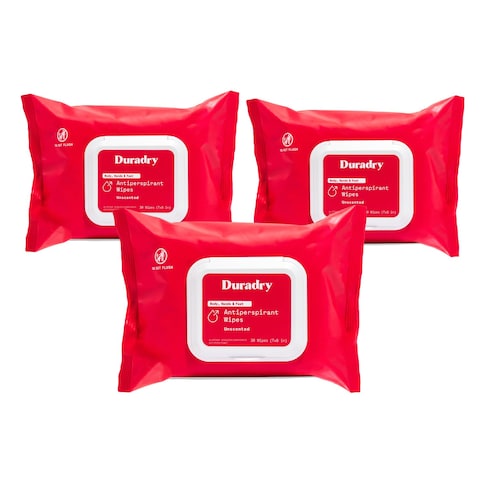 Duradry Antiperspirant Body Wipes for Men &amp; Women - Anti-Sweat Wipes for Hands and Feet, Neutralizes Odor and Excessive Sweating, Quick-Drying and Travel-Friendly - Unscented, Pack of 3