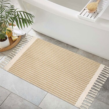Lahome Boho Bathroom Rugs, Small 2x3 Front Door Mat Lightweight Kitchen Rug Woven Cotton Area Rug with Tassels, Farmhouse Non Shedding Washable Throw Rug Low Pile Carpet for Entry Laundry, Khaki