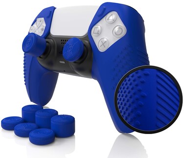 Foamy Lizard SensePro PS5 Controller Skin   Dock Compatible, Soft Flat Anti-Slip Studded Silicone Gel Grip Cover for PlayStation 5 Dualsense, Rubber Protector Plus 8 Raised Thumb Grip Caps (Blue)