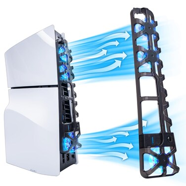 PS5 Slim Console Cooling Fan, HEATFUN Horizontal Cooling Fan for PS5 Slim, Upgraded Quiet PS5 Slim Cooler Fan with LED Light and USB3.0 Hubs, for PS5 Slim Disc/Digital Edition Console - Black