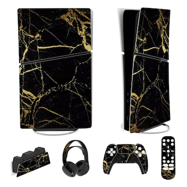 PlayVital Full Protective Skin for ps5 Slim Console Digital (The New Smaller Design), Vinyl Decal Sticker for ps5 Controller &amp; Headset &amp; Charging Station &amp; Media Remote - Black &amp; Gold Marble Effect