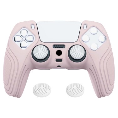 eXtremeRate PlayVital Samurai Edition Cherry Blossoms Pink Anti-Slip Controller Silicone Skin for ps5, Ergonomic Soft Rubber Protective Case for ps5 with White Thumb Stick Caps
