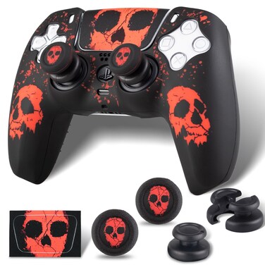 PlayRealm Silicone Skin Cover&amp; Sticler x 1 &amp; No Falling off Thumbstick x 2 for PS5 Controller (Ghost Face Red)