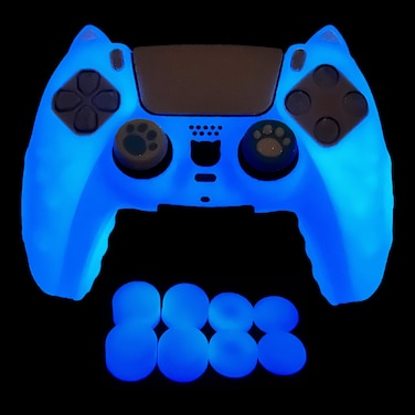 HLRAO Glow in The Dark PS5 Controller Skin,Blue Cute Cat Paw Silicone Cover Skins Compatible with PlayStation 5 Controller,Include 8 PCS Thumb Grips Glow and 2 Cat Paw Grips Caps Accessories.
