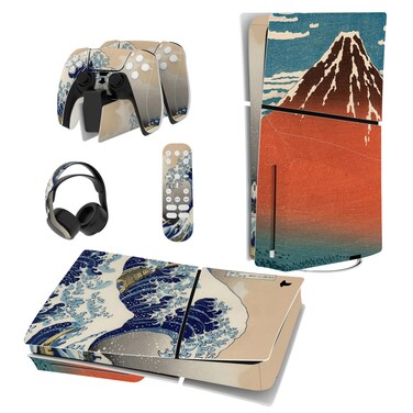 PlayVital Full Set Skin Sticker for ps5 Slim Console Disc Edition (The New Smaller Design), Vinyl Skin Decal Cover for ps5 Controller &amp; Headset &amp; Charging Station &amp; Media Remote - The Great Wave