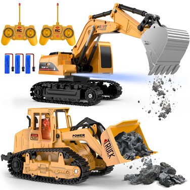 AISYAH Construction Bulldozer and RC Excavator Toy Set - RC Construction Vehicles Toy with Rechargeable Batteries, Lights and Sounds, Present for Toddlers 6-12 Year Kids