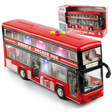 Cdymkf 11"(28cm) Double Decker Bus Toy with Lights &amp; Sounds, Scale(1:16) Friction Powered Bus Toy for Kids with Indoor Ceiling Lights and 4 Different Sounds - Gift for Kids Ages 3+ (Red)